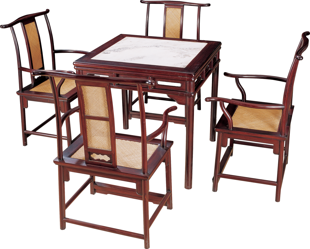 嵌云石四方桌帶椅
