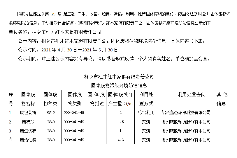 桐鄉(xiāng)市匯才紅木家俱有限責(zé)任公司固體廢物污染環(huán)境防治信息